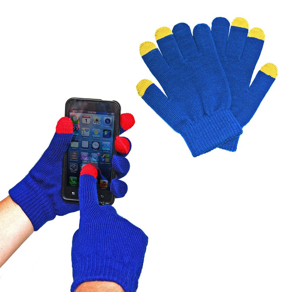 Guantes de 3 hilos para pantalla táctil con 3 puntas conductivas. Presentado en bolsa de plástico individual con textos impresos a un color.