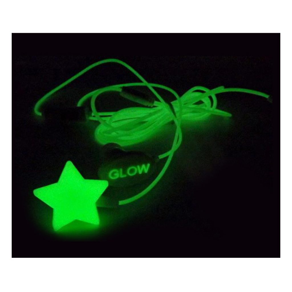 Auricular luminoso con micro "glow in the dark". De 1.2 m de cable y jack 3.5 mm. Presentado en caja transparente tubular.