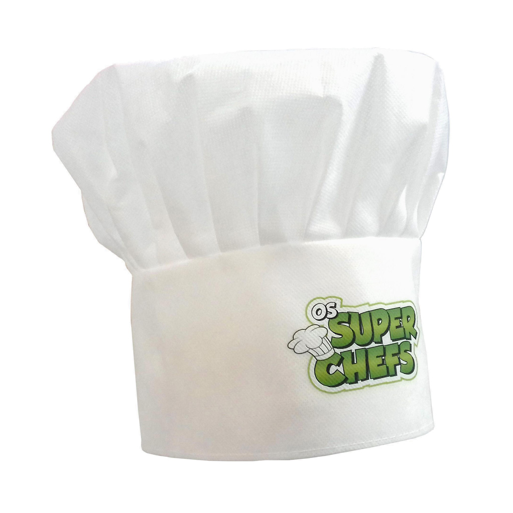 Gorro de chef para NIÑO. Fabricado en non woven de 60 gr/m2. De medidas 26 cm ancho x 22 cm alto. Impreso con logo en cuatricromía mediante transfer en una posición. Presentado en bolsas de 10 uds